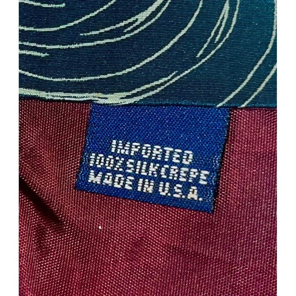 John Henry Necktie Mens Silk Crepe Teal Blue White Swirl Abstract Pattern USA
